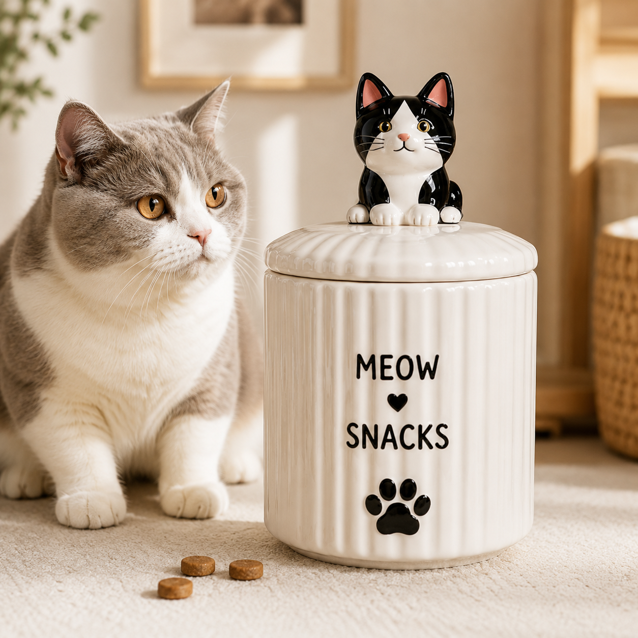 Vertical‑Ribbed Ceramic Cat Treat Jar