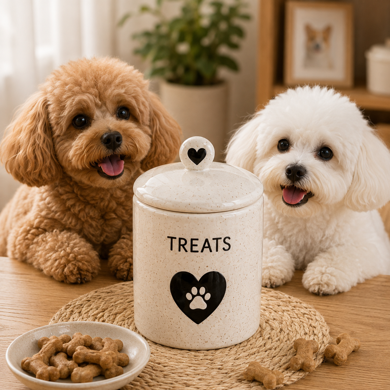 Speckled Off‑White Ceramic Dog Treat Jar