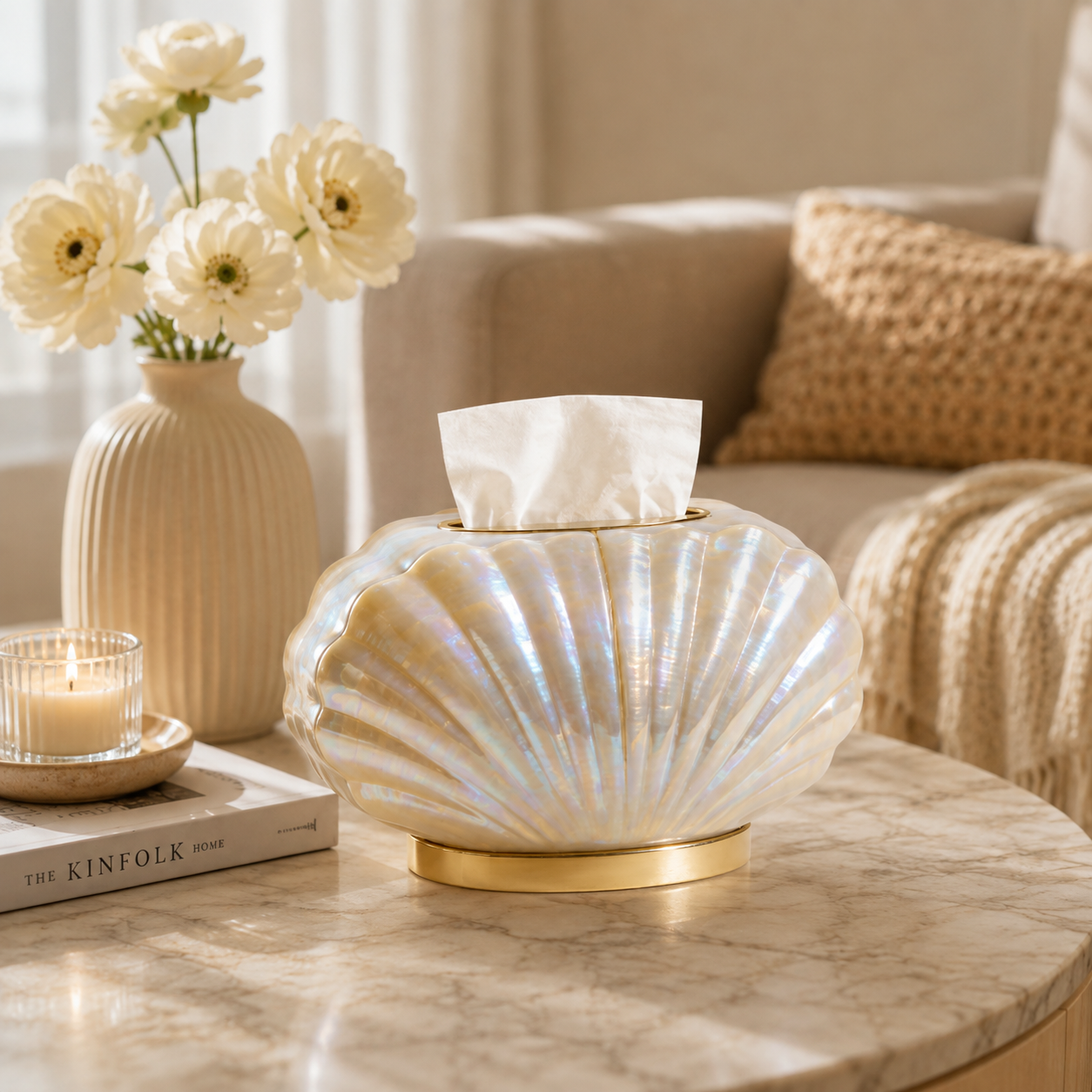 Shell-Shaped Iridescent Pearl Tissue Box with Gold Base