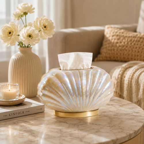 Shell-Shaped Iridescent Pearl Tissue Box with Gold Base