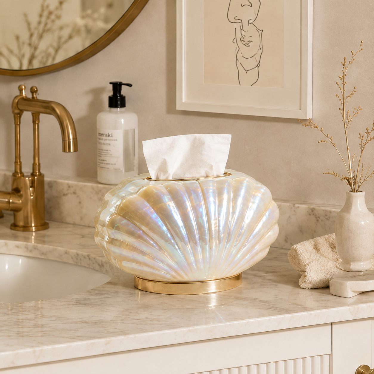 Shell-Shaped Iridescent Pearl Tissue Box with Gold Base