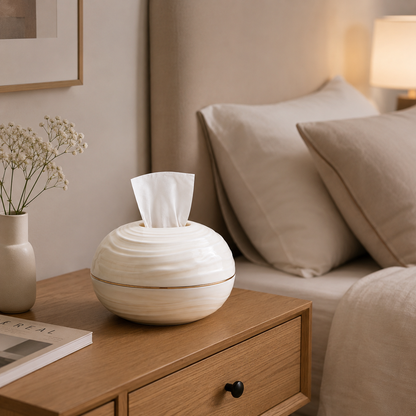 Cream Marble Round Ceramic Tissue Box with Gold Trim