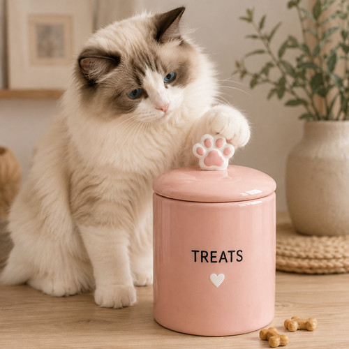 Pink Paw‑Print Ceramic Cat Treat Jar