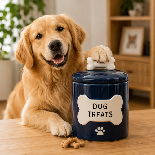 Navy‑Blue Ceramic Dog Treat Jar